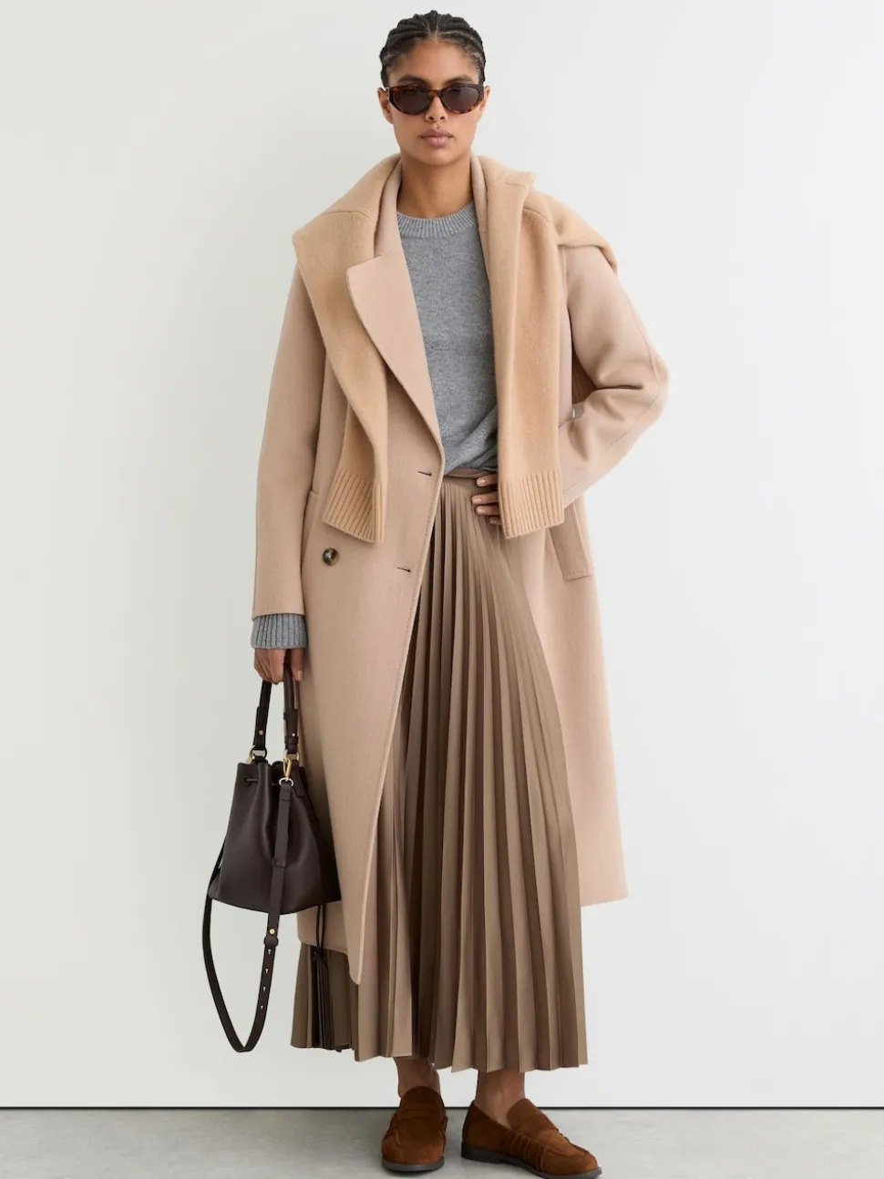 Reiss Mocha Brown Seren Pleated Midi Skirt