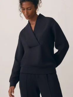 Reiss Navy Annabel Interlock Shawl-Neck Sweatshirt with Modal
