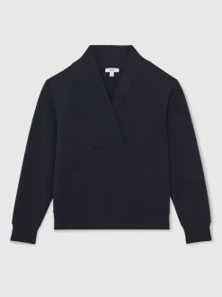 Reiss Navy Annabel Interlock Shawl-Neck Sweatshirt with Modal