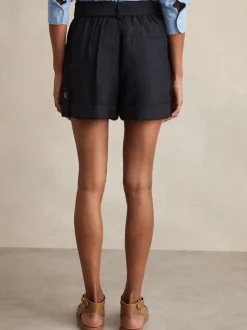 Reiss Navy Avril Belted Button Tab Shorts