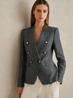Reiss Navy Baker Linen-Cotton Double-Breasted Blazer