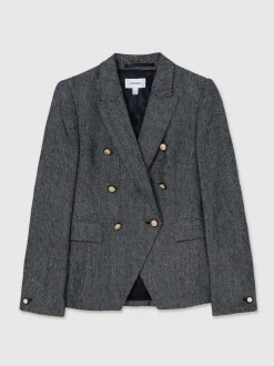 Reiss Navy Baker Linen-Cotton Double-Breasted Blazer