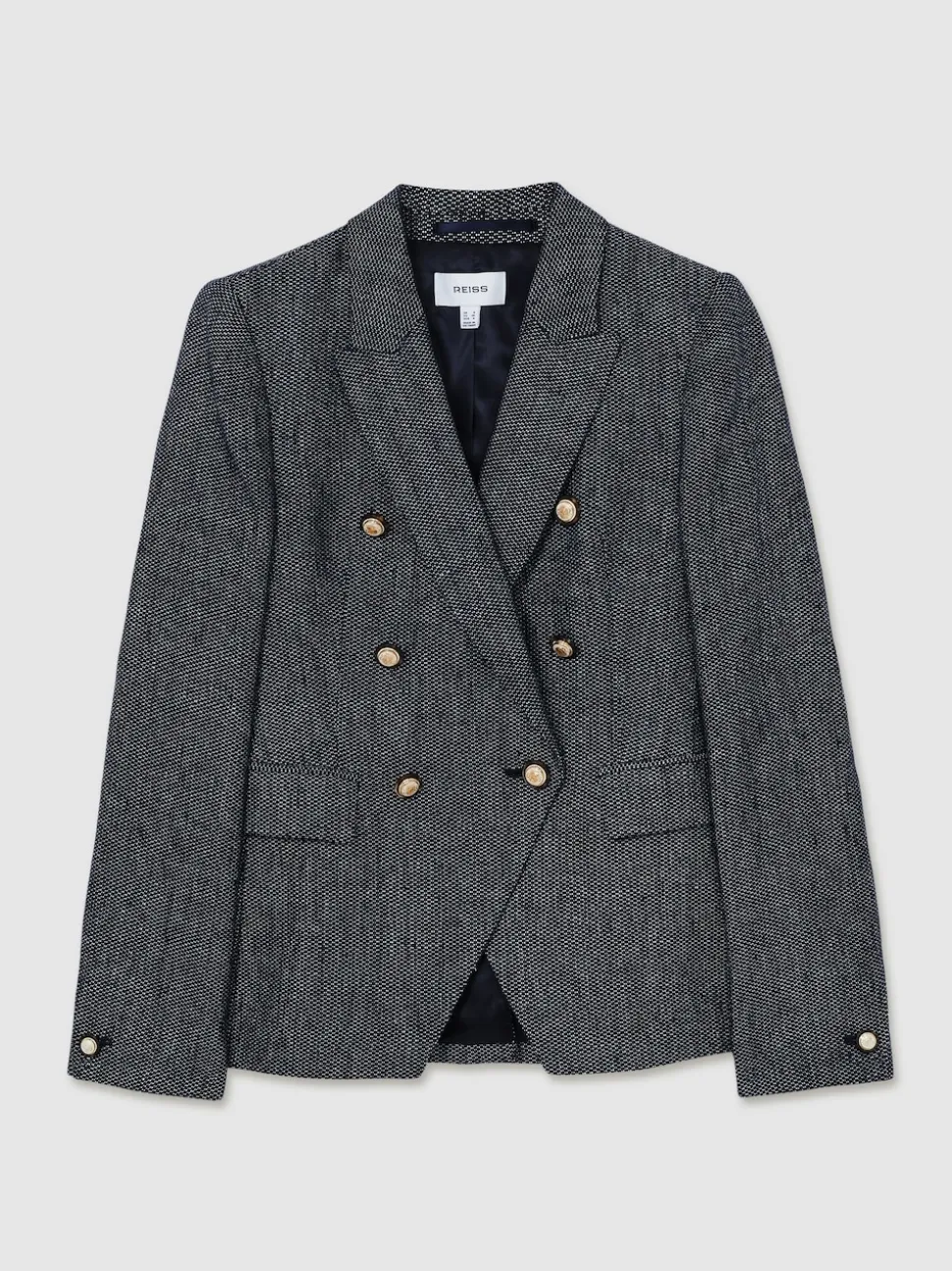 Reiss Navy Baker Linen-Cotton Double-Breasted Blazer