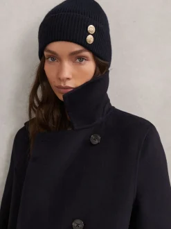 Reiss Navy Bianca Merino Wool Blend Button Beanie With Cashmere