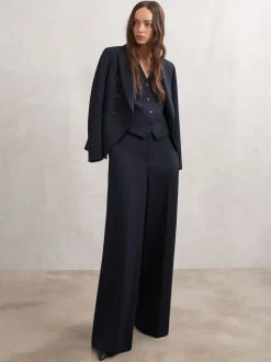 Reiss Navy Gabi Wide-Leg Suit Trousers