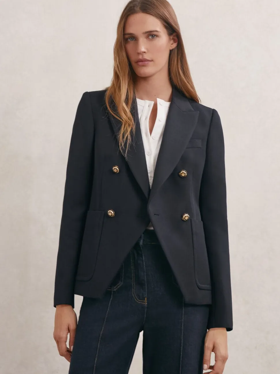 Reiss Navy Gigi Petite Wool-Blend Double-Breasted Blazer