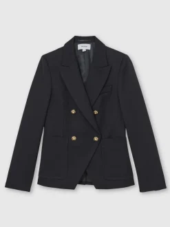 Reiss Navy Gigi Petite Wool-Blend Double-Breasted Blazer