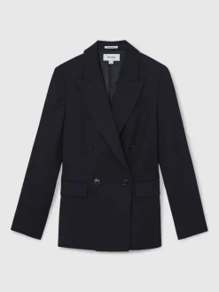 Reiss Navy Haisley Wool Blend Double Breasted Suit Blazer