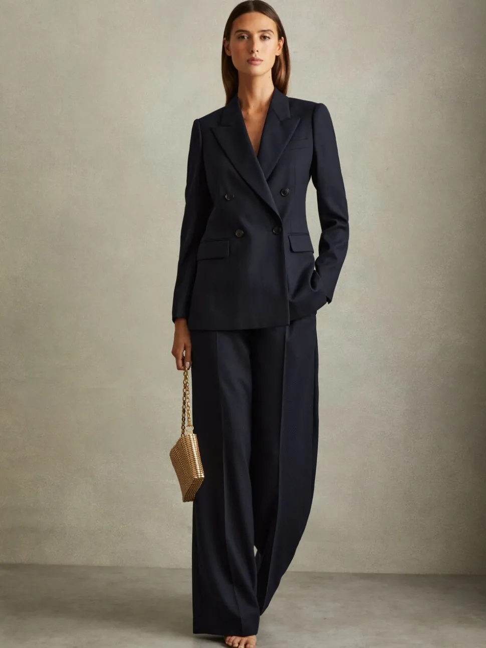 Reiss Navy Hallie Petite Textured Double Breasted Suit Blazer