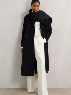 Reiss Navy Indira Wool-Blend Scarf Blindseam Coat