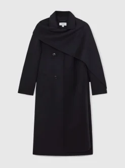 Reiss Navy Indira Wool-Blend Scarf Blindseam Coat