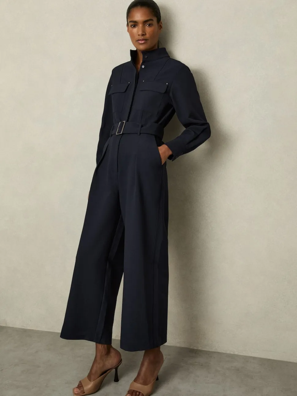 Reiss Navy Kaia Tailored Wide Leg Utility Jumpsuit