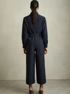 Reiss Navy Kaia Tailored Wide Leg Utility Jumpsuit