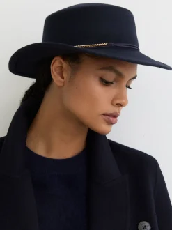 Reiss Navy Lacey Wool Felt Chain-Strap Fedora Hat