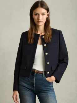 Reiss Navy Nola Cropped Wool Single Breasted Jacket
