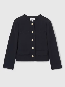 Reiss Navy Nola Cropped Wool Single Breasted Jacket