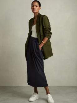 Reiss Navy Nora Wool-Blend Ruched Jersey Midi Skirt