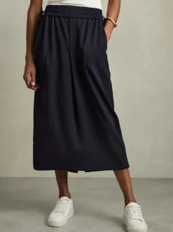 Reiss Navy Nora Wool-Blend Ruched Jersey Midi Skirt
