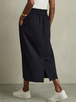 Reiss Navy Nora Wool-Blend Ruched Jersey Midi Skirt