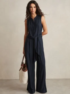 Reiss Navy Raven Wide-Leg Belted Jumpsuit