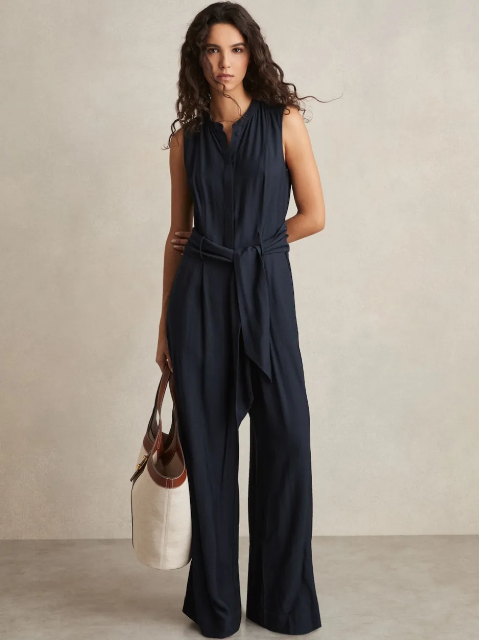 Reiss Navy Raven Wide-Leg Belted Jumpsuit