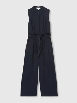 Reiss Navy Raven Wide-Leg Belted Jumpsuit