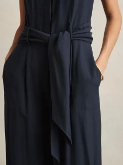 Reiss Navy Raven Wide-Leg Belted Jumpsuit