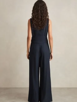Reiss Navy Raven Wide-Leg Belted Jumpsuit