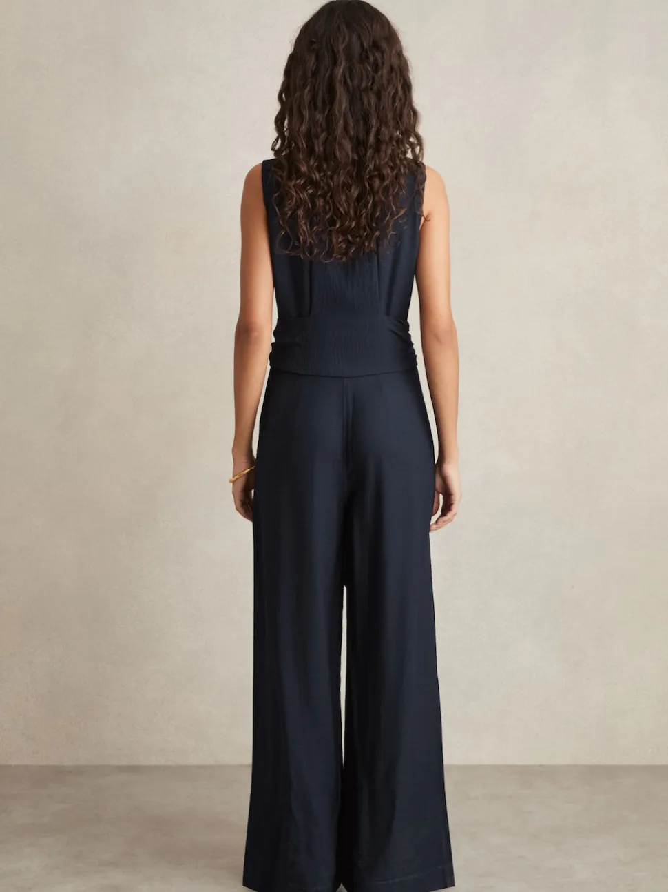 Reiss Navy Raven Wide-Leg Belted Jumpsuit