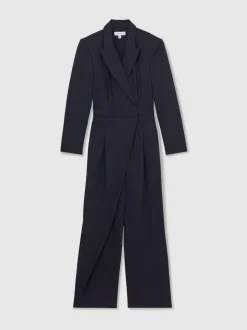 Reiss Navy Rhoda Pinstripe Tailored Wide-Leg Jumpsuit with Wool