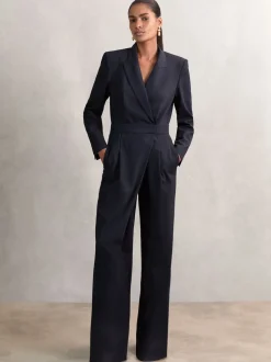 Reiss Navy Rhoda Pinstripe Tailored Wide-Leg Jumpsuit with Wool