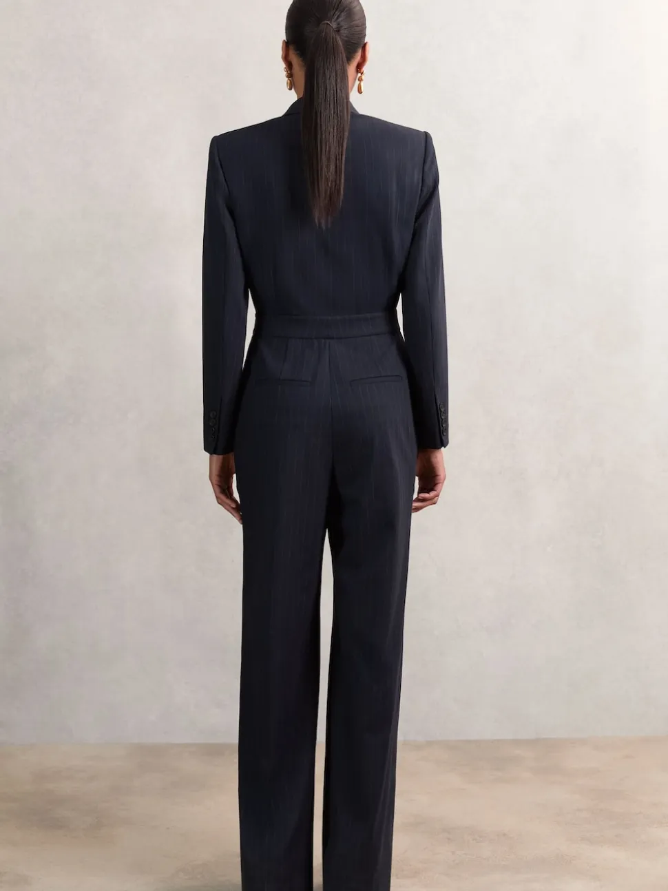Reiss Navy Rhoda Pinstripe Tailored Wide-Leg Jumpsuit with Wool