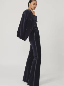 Reiss Navy Verda Velvet Satin-Stripe Flared Trousers