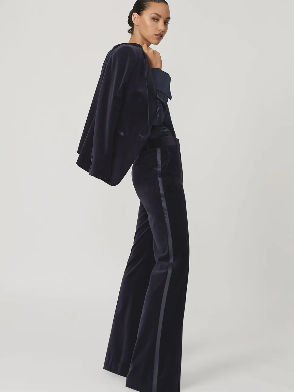 Reiss Navy Verda Velvet Satin-Stripe Flared Trousers