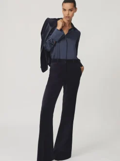 Reiss Navy Verda Velvet Satin-Stripe Flared Trousers