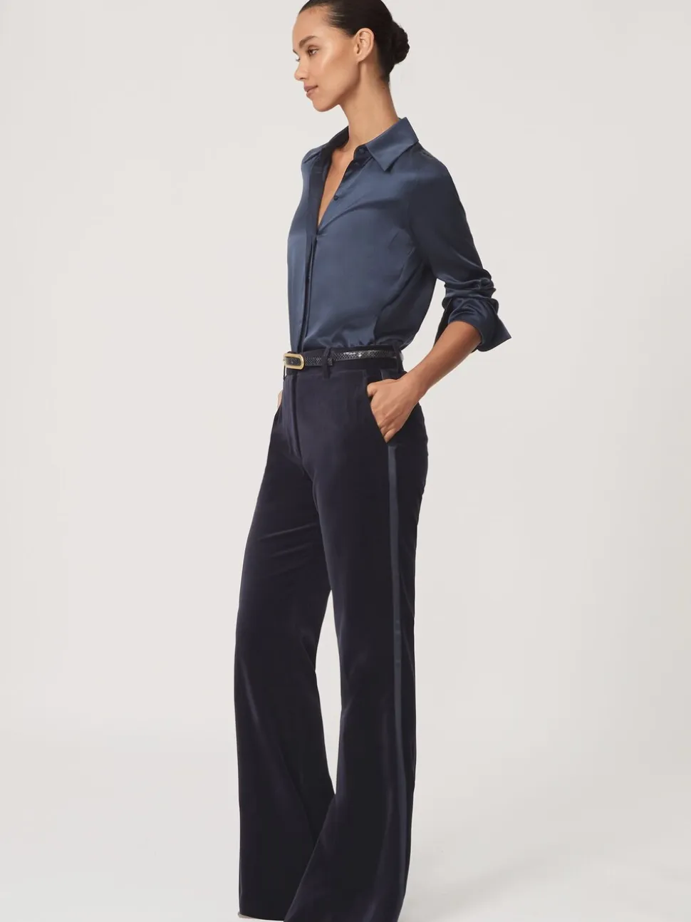 Reiss Navy Verda Velvet Satin-Stripe Flared Trousers