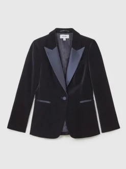 Reiss Navy Verda Velvet Single-Breasted Tuxedo Blazer