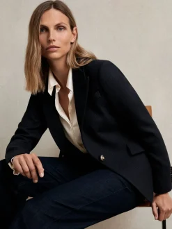 Reiss Navy Wynn Single-Breasted Textured Blazer Wool-Blend