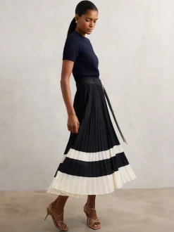 Reiss Navy/Ivory Goldie Belted Pleated Midi Skirt