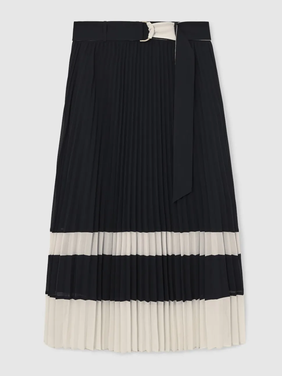 Reiss Navy/Ivory Goldie Belted Pleated Midi Skirt