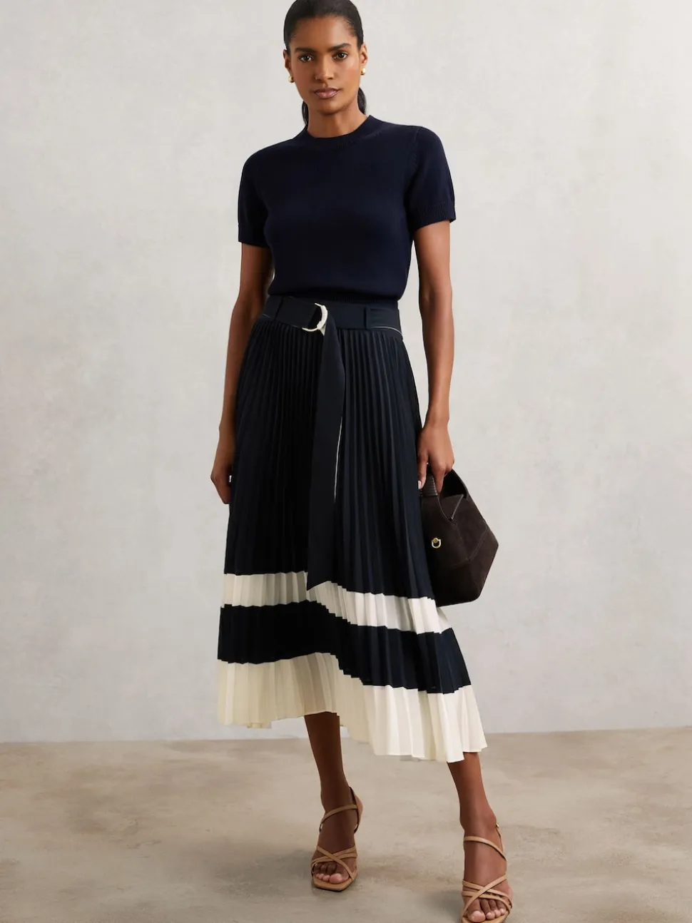 Reiss Navy/Ivory Goldie Belted Pleated Midi Skirt