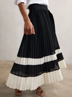Reiss Navy/Ivory Goldie Belted Pleated Midi Skirt
