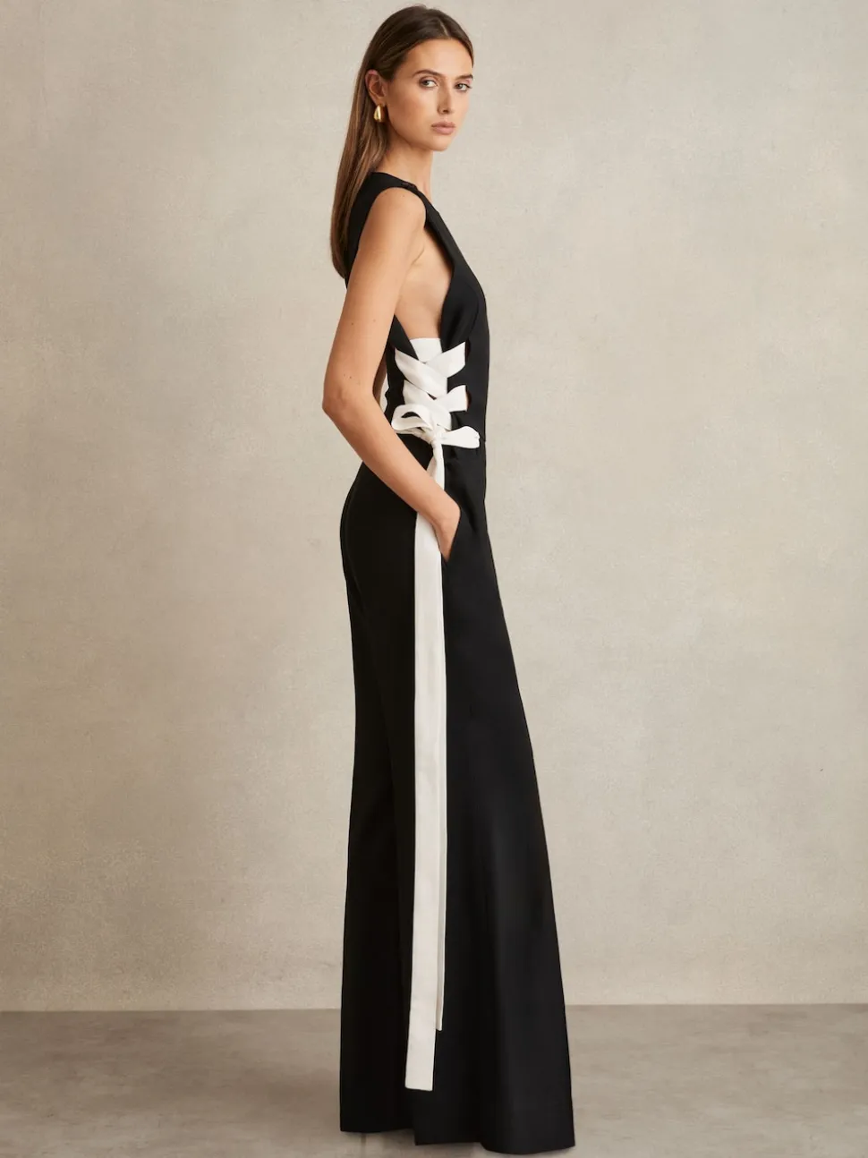 Reiss Navy/White Emma Lace-Up Side Wide-Leg Jumpsuit