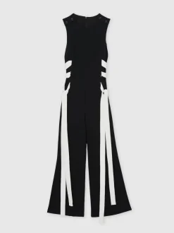 Reiss Navy/White Emma Lace-Up Side Wide-Leg Jumpsuit