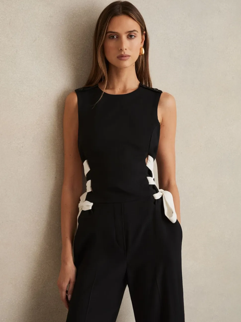 Reiss Navy/White Emma Lace-Up Side Wide-Leg Jumpsuit