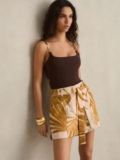 Reiss Neutral Avril Palm Print Belted Shorts