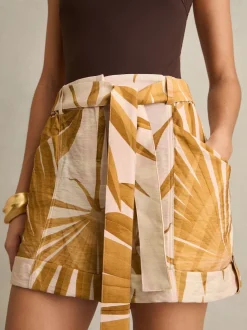 Reiss Neutral Avril Palm Print Belted Shorts
