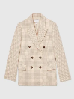 Reiss Neutral Check Bella Double Breasted Check Blazer With Wool