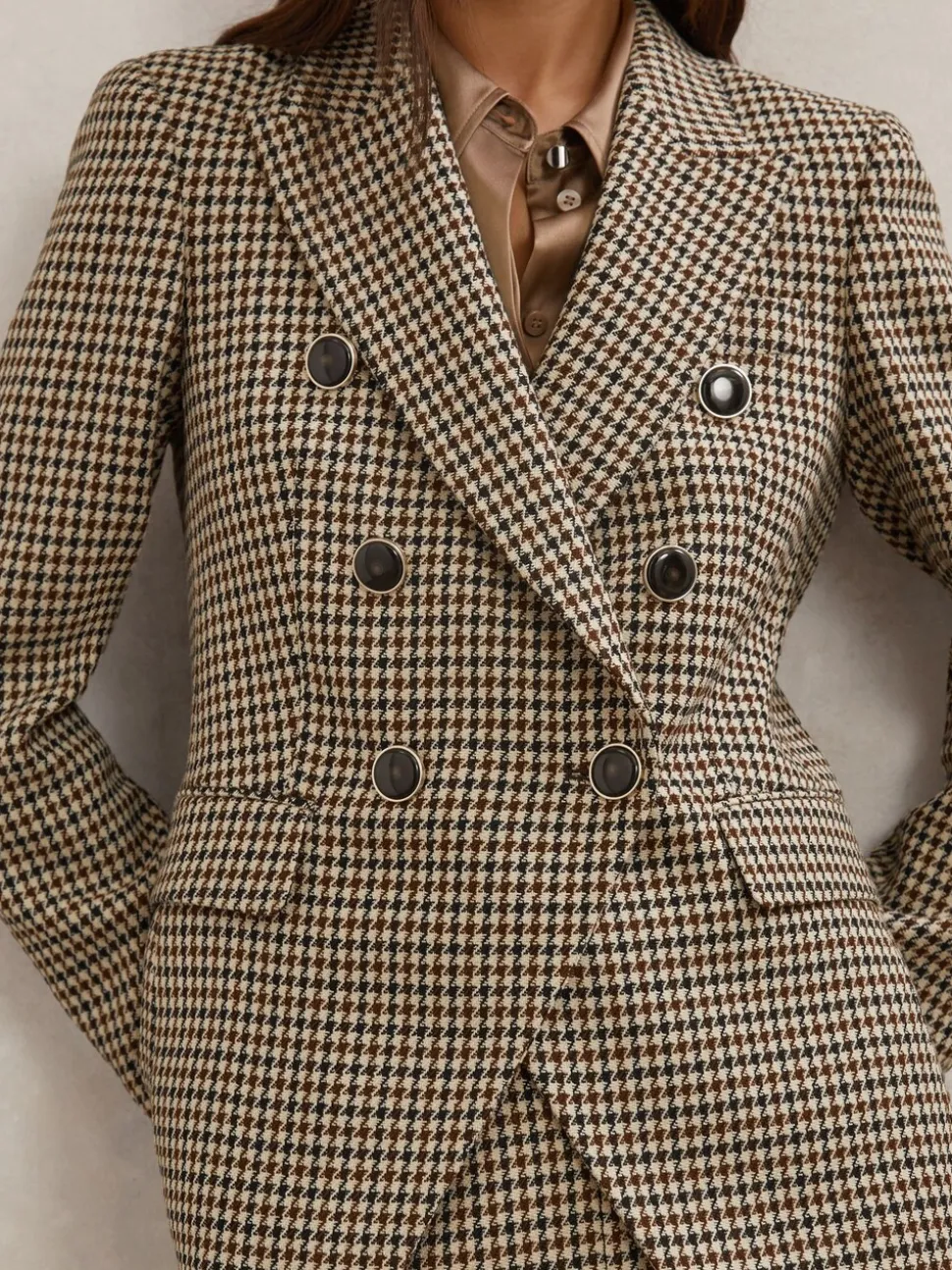 Reiss Neutral Check Hartley Wool-Blend Double-Breasted Check Blazer