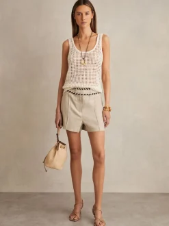 Reiss Neutral Fawn Linen Whipstitch Shorts